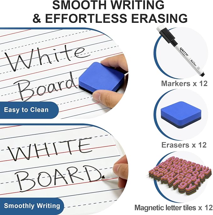 Dry Erase Boards, 12 Pack 9”x12” Magnetic Double Sided Portable Personal Small Whiteboards with Lines, Include 12 Markers, 12 Erasers, 12X52 Foam Letters for Kids, Students, Teachers Classroom School