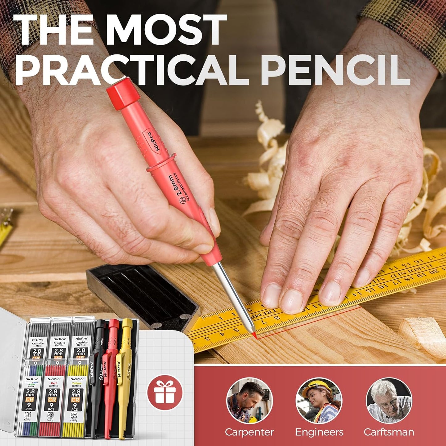 Nicpro 3 Pack CP3000 Carpenter Pencil with Sharpener, Mechanical Carpenter Pencils with 57 Refills, Construction Pencil Heavy Duty Woodworking Pencils for Architect Marking (Red, Black, Yellow)