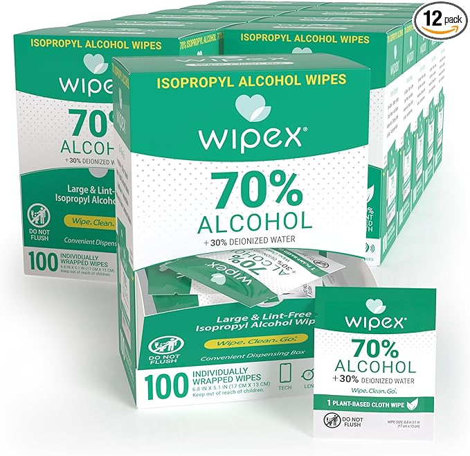 Wipex 70% Isopropyl Alcohol Wipes Individually Wrapped Sachets, Large Electronic wipes in Dispensing Box, Alcohol Prep Wipes, Screen Wipes & Tech Wipes for Sanitizing 100 Count (Pack of 12)
