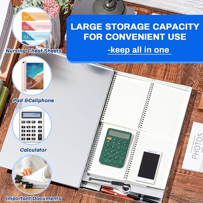 1 Pcs Aluminum 11'' x 17'' Clipboard with Storage Heavy Duty Metal Lightweight Form Holder with Capacity Clip 1 Compartment Clipboard for Student Teacher