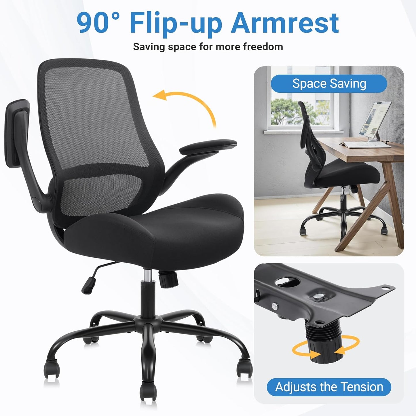 HYLONE Heavy Duty Office Chair, 5" Thickened Seat Ergonomic Desk Chair with Adjustable Armrests, Home Office Computer Chairs for Long Hours Mesh Executive Chair(Black)