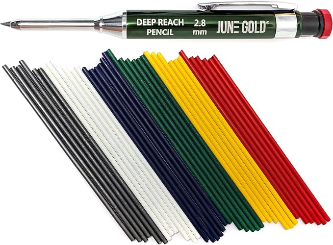June Gold 2.8 mm Deep Reach Metal Carpenter Pencil, 36 Refills, 6 Colors | 40 mm reach, 6 mm width, Built-in Sharpener, Construction, Shop, Glass, Machine, Indoor, and Outdoor