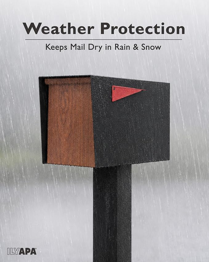 Ilyapa Modern Mailbox for Post Mount - Black Powder Coated Metal Mailbox with Cherry Wood Door - Waterproof for Parcels, Recessed Magnetic Close Door