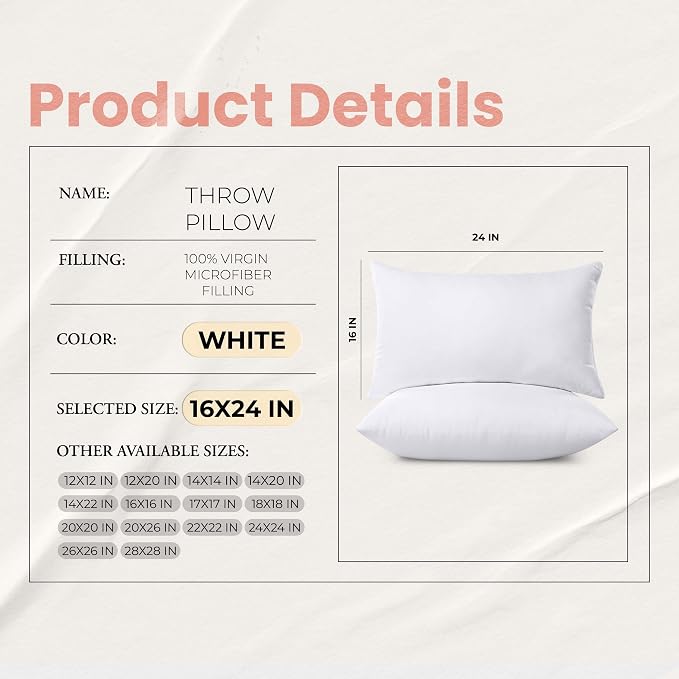 Utopia Bedding 16x24 Pillow Inserts, White Throw Pillows for Couch, 2 Pack | Indoor cushion inserts for bed, sofa & couch, Supportive & fluffy decorative pillows for everyday comfort, Set of 2, White