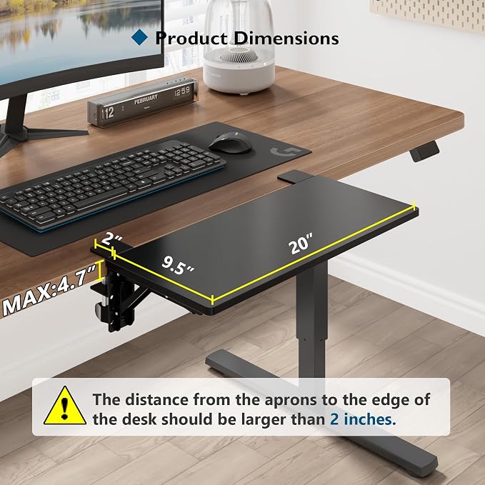 BONTEC Small Ergonomics Desk Extender Tray, 20x9.5 Inch Table Mount Arm Rest Shelf, 90° Foldable Keyboard Tray Platform, Clamp on Computer Arm Rest for Desk, Suitable for Office Desks, Black | 90° Foldable Keyboard Tray Platform, Table Mount Arm Rest S...