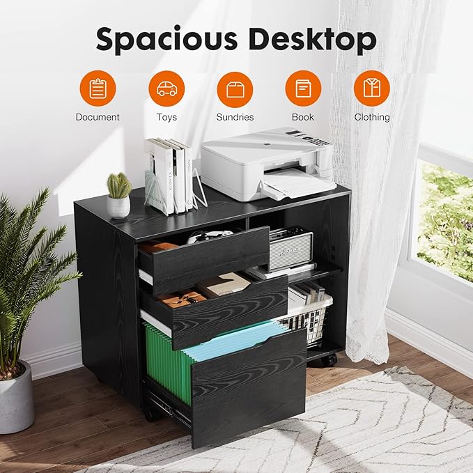 UOCFYK File Cabinet with 3 Drawers, Mobile Lateral Filing Cabinet with Open Storage Shelves for Home Office Under Desk Storage, Black