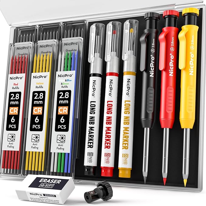 Nicpro 3 Pack CP1000 Carpenter Pencils with Sharpener | Mechanical Carpenter Pencil+39 Refills, Long Head Nib Marker Pens for Construction, Heavy Duty Woodworking Pencil for Marking