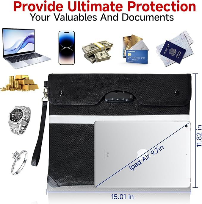 Upgraded 6500°F Fireproof Document Bag with Lock, Waterproof 9-Layer Heat Insulated | Dual-Liner Card Slot Money Bag with Zipper/Reflective Strip for Passport, Important Paper, Cash(15 x 12In)