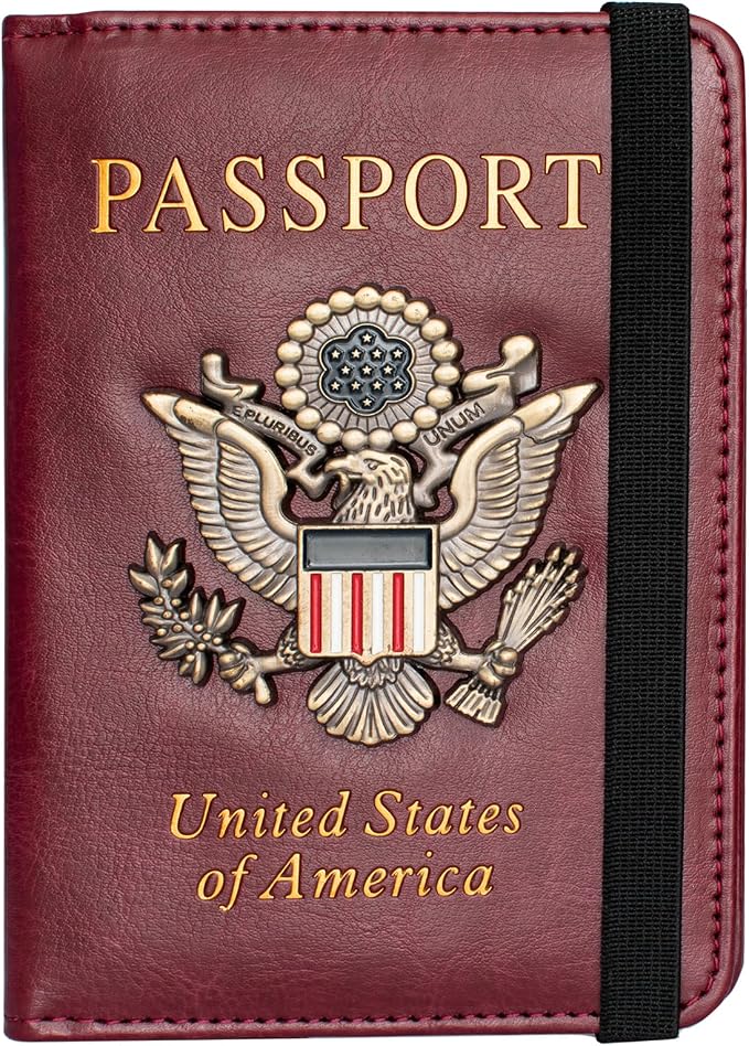 Passport Holder and Card Slot Combo RFID Blocking Leather Travel Passport Wallet for Men and Women US Passport Cover, Wine Red