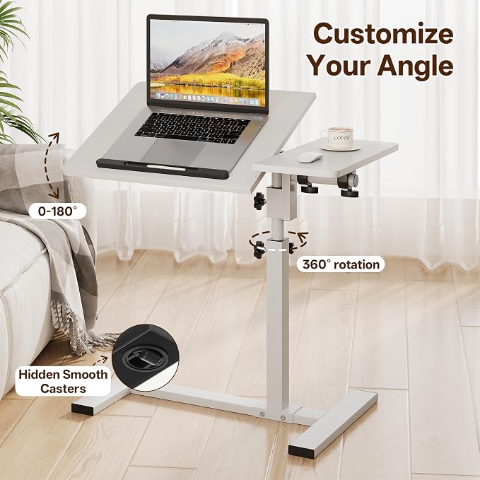 Overbed Table with Wheels Rolling, Adjustable Mobile Bedside Desk | Flip-Top, Laptop Table, C Shaped End Side Table for Couch, Sofa, Bed, Recliner and Home Use, Large White