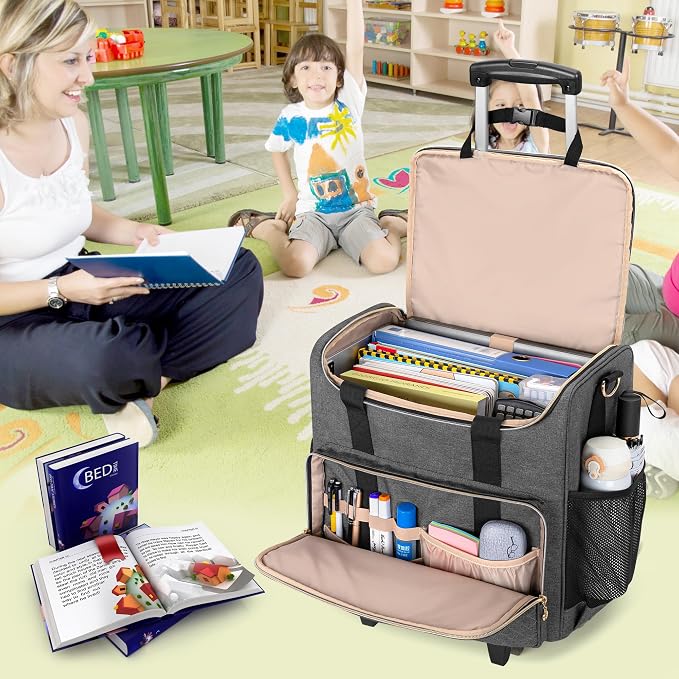 LUXJA Rolling Teacher Bag with Wheels and 15.6" Laptop Compartment, Gray | Rolling Briefcase for Women, Teacher Tote Bag for Office Work with Detachable Dolly and Shoulder Strap, Ample Storage Pockets