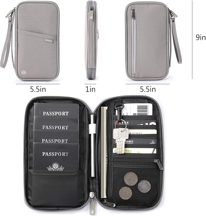 VanFn RFID Travel Passport Wallet, Family Passport Holder, Trip Document Organizer P.Travel Series (Nylon - Grey)