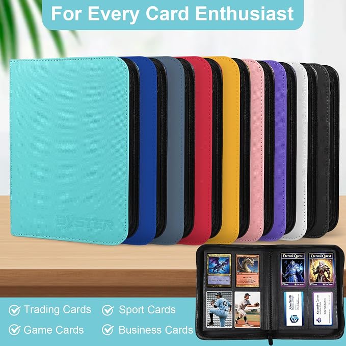 BYSTER 4 Pocket Card Binder, Premium PU Trading Card Binder with Zipper, 160 Capacity Side-Loading Binder for TCG, MTG, Sports Cards, Game Cards, Teal