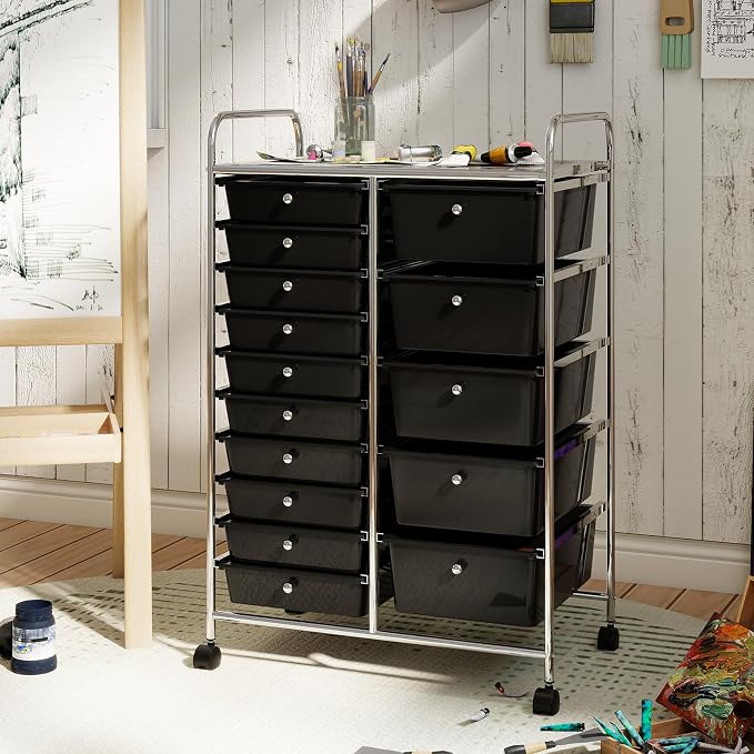 RELAX4LIFE 15-Drawer Rolling Storage Cart - Utility Cart with Metal Frame, Lockable Wheels & Removable Drawers, Multipurpose Art Craft Organizer for Home Office, Classroom (Black)