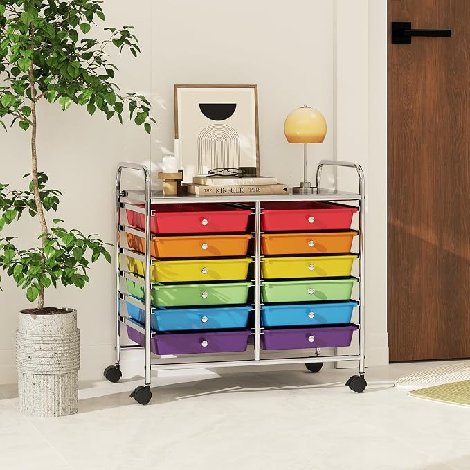 COSTWAY 12-Drawer Rolling Storage Cart, Utility Storage Organizer Cart | For Tools, Scrapbook, Paper, Craft, Multipurpose Art Supply Organizer on Wheels for Home Office School, Teacher, Multicolor