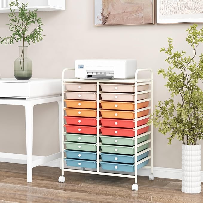 COSTWAY 20-Drawer Rolling Storage Cart, Utility Storage Organizer Cart | For Tools, Scrapbook, Paper, Craft, Multipurpose Storage Trolley on Wheels for Home Office School (Macaron)