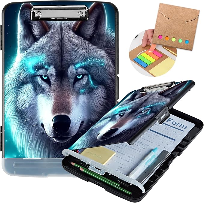 Clipboard with Storage,Heavy Duty Plastic Storage Clipboard with Low Profile Clip,Teacher Must Haves,Office Supplies,Galaxy Wolfs Cyan