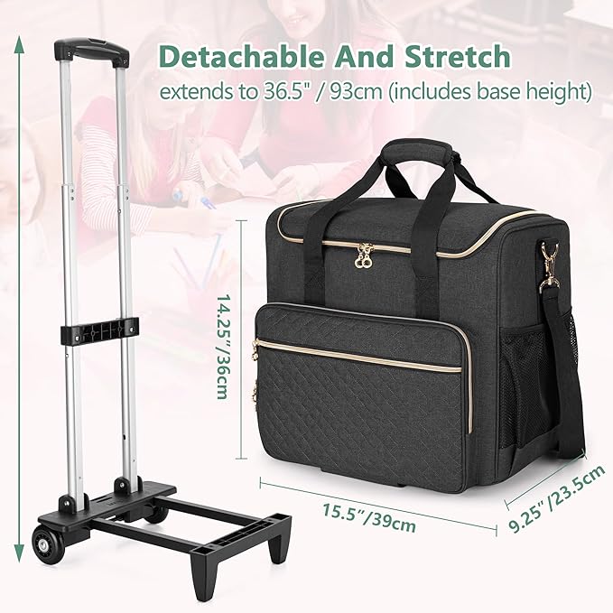 LUXJA Rolling Teacher Bag with Wheels and 15.6" Laptop Compartment, Black | Rolling Briefcase for Women, Teacher Tote Bag for Office Work with Detachable Dolly and Shoulder Strap, Ample Storage Pockets