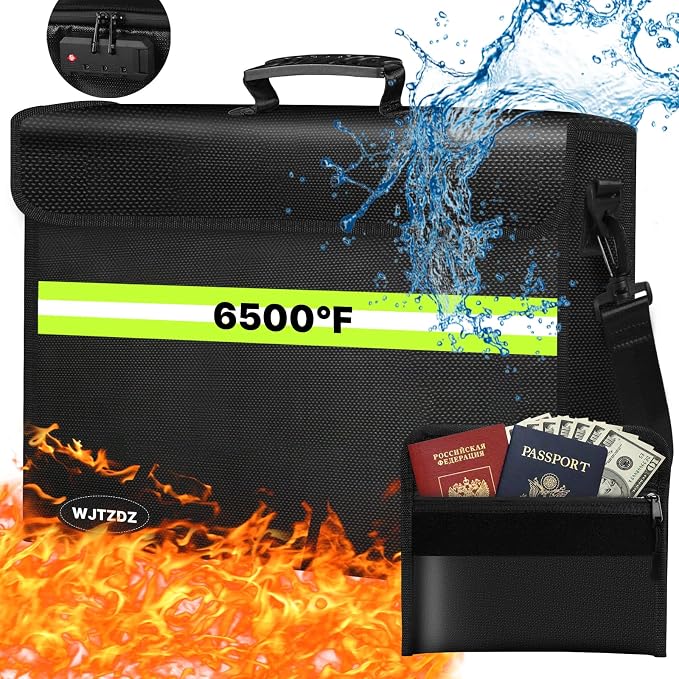6500°F Large Fireproof and Waterproof Document Bag with Lock,10 Layers Insulation Materials&Waterproof Zipper,Removable Folder Layers/Wallet,Reflective Strip for Valuables(16.5”x 12.4”x 5.5”)