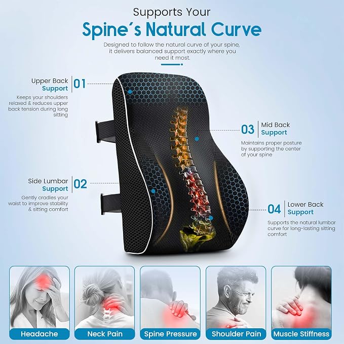 RUKHS Lumbar Pillow, Back Support for Office Chair and Car, Memory Foam | lumbar support for car, back support pillow for office chair, dual adjustable straps, breathable mesh, supports up to 300 lbs