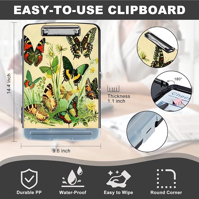 Clipboard with Storage,Storage Clipboard with Pen Holder,Heavy Duty Plastic Storage Clipboard with Low Profile Clip,Teacher Must Haves,Clipboard Folder,Office Supplies,Butterfly Flower -1352