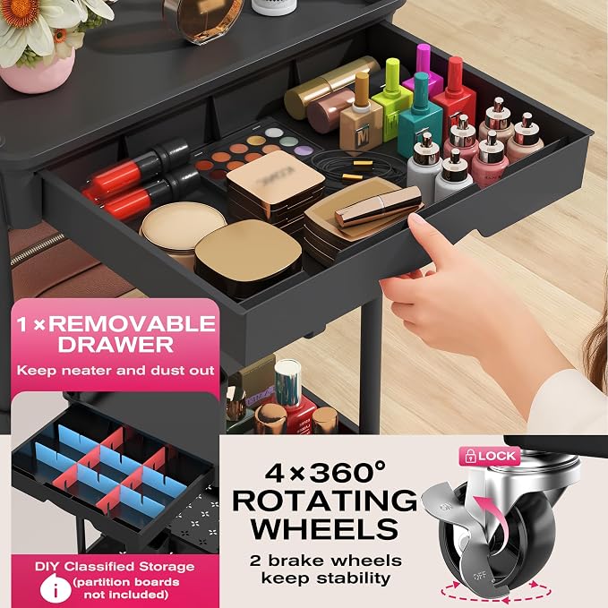 Goovilla Rolling Makeup Organizer Cart with Removable Drawer, 3 Tier Black | Stable Floor Skincare Storage Cart for Vanity, Cosmetic Display, Nail Polish, Perfume, Hair Stuff, Beauty, Bathroom(Plastic)