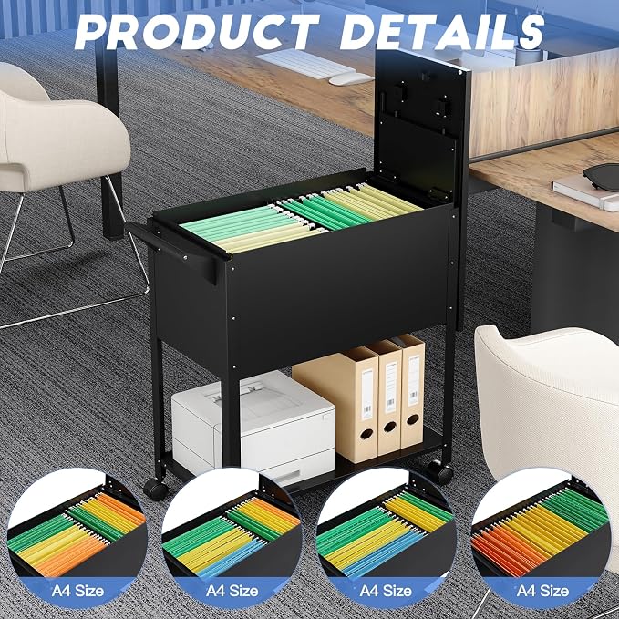 Metal Rolling File Storage Cart with Wheels, Mobile File Cabinet with Lock, Filing Cabinet Organizer for Legal/A4 (Black)