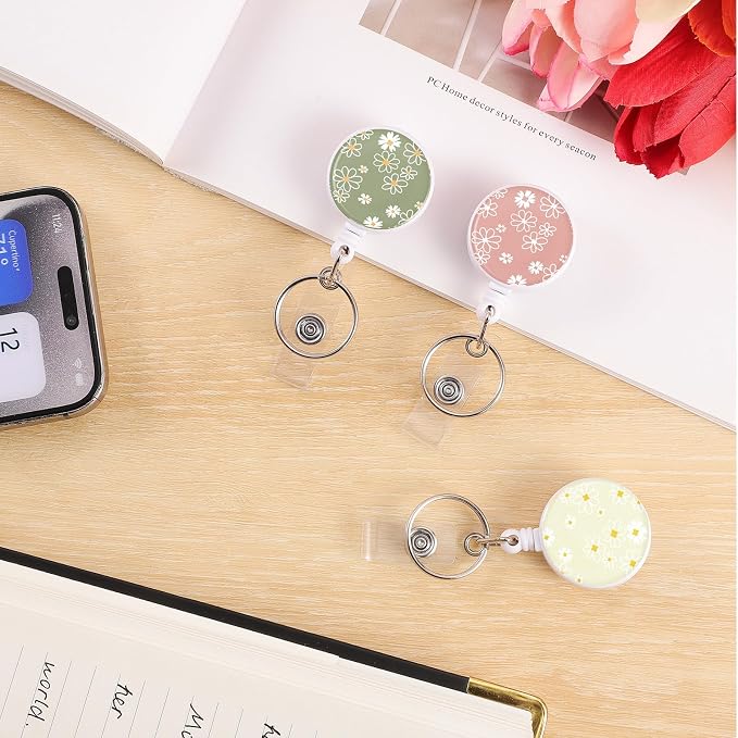 BESARME 3 Pack Badge Reels Retractable Badge Clip with Key Ring Retractable Badge Holders for Office Worker Teacher Nurse Student（Flower02）