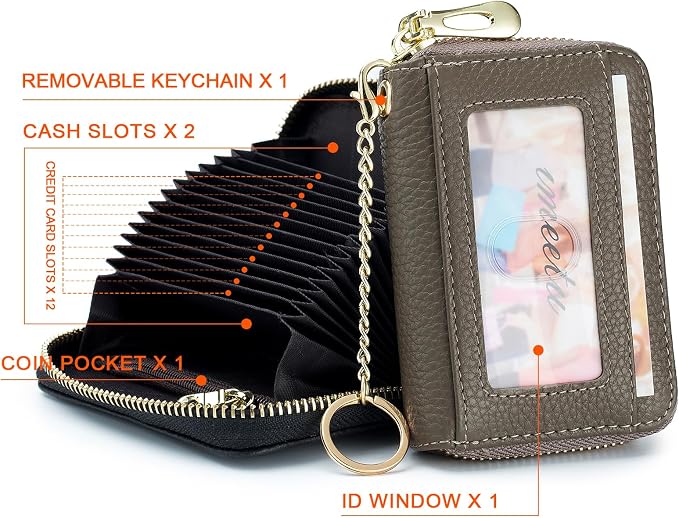 imeetu RFID Credit Card Holder, Small Card Wallet Women, Leather Card Case | Genuine Leather Women's Card & id Cases, Change Coin Purse with Zipper Keychain id Window, 20 Colors & 3 Styles, Daily, Gifts
