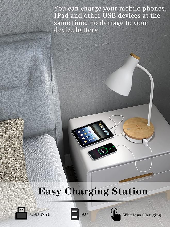 LALISU Metal Desk Lamp Wireless Charging Table Lamp Touch Reading Lights Arc Desk Lamps for Bedroom, 3 Way Dimmable Bedside Lamp with USB Charging Ports Lamp for Study Room and Office (White)