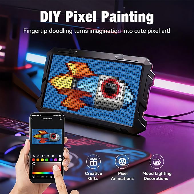 Pixel Art Digital Picture Frame, 24x48 Smart Bluetooth Pixel Display, Programmable RGBIC LED Display with APP Control, Clock Alarm & Message Board, Perfect for Game Room, Bedside, or Desk Decor