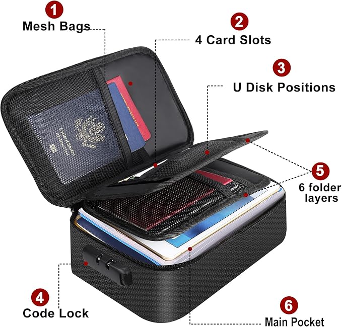 ENGPOW Small Fireproof Storage Organizer Case with Lock, 9”x 5.3”x 3.7” | Money Safe Wallet Carrying Bag with Multi-Pocket, Portable Home Travel for Cash,Card,Passport,Coin,Check,Bill,Soft Box,Black