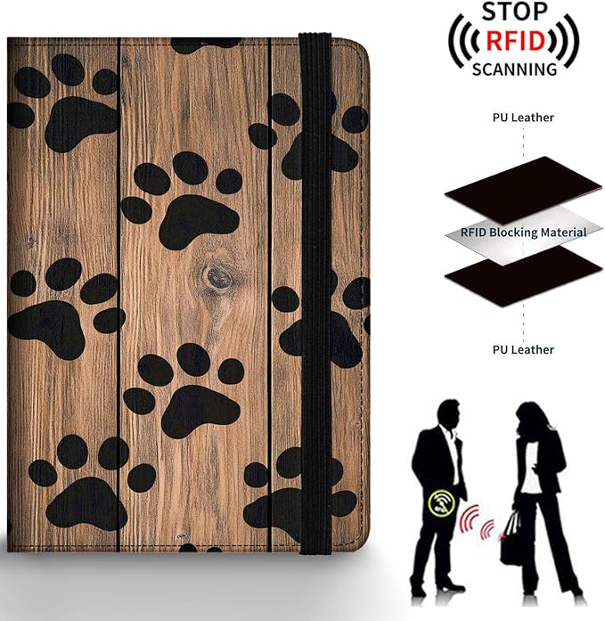 Passport Holder Wallet Cover Case,RFID Blocking Passport Cover,Large Capacity Travel Wallet with Multi Card Slots (Vintage Wood Paw Print Pattern)