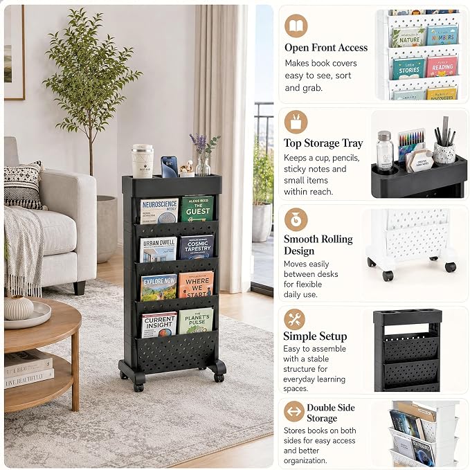 BYFU 5-Tier Movable Bookshelf Cart, 26.0" H, Black | Rolling Wheels, File Paper Storage Organizer, Mobile Bookcase, For Home Office Study Classroom
