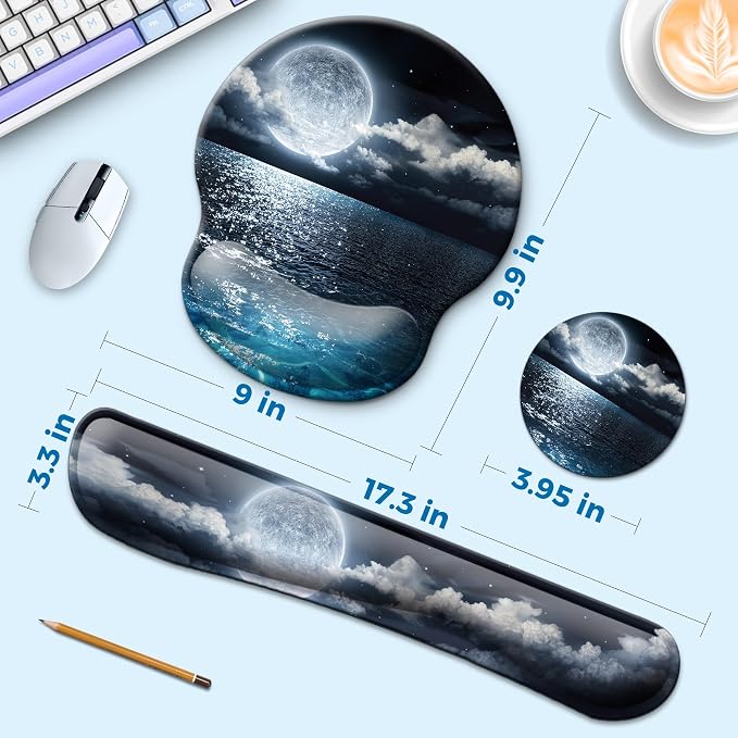Mouse Pad and Keyboard Wrist Rest Support,Ergonomic Mouse Pad Set | Mousepad With Coaster and Non-Slip PU Base,Pain Relief for Desk Desktop Gaming, Computer,Office -Beach