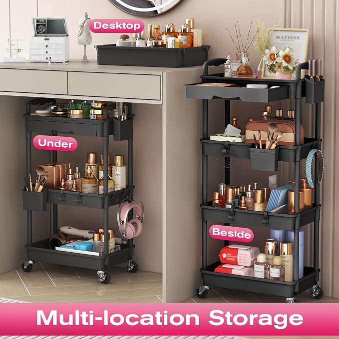 Goovilla Rolling Makeup Organizer Cart with Removable Drawer, 4 Tier Black | Stable Floor Skincare Storage Cart for Vanity, Cosmetic Display, Nail Polish, Perfume, Hair Stuff, Beauty, Bathroom(Plastic)