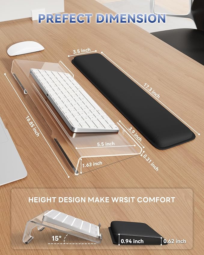 Laborio Computer Keyboard Wrist Rest, Keyboard Riser Stand for Desktop | Clear, Ergonomic Acrylic Keyboard Holder, Non-slip Wrist Pad, Pain Relief for Typing, Multiple Colors