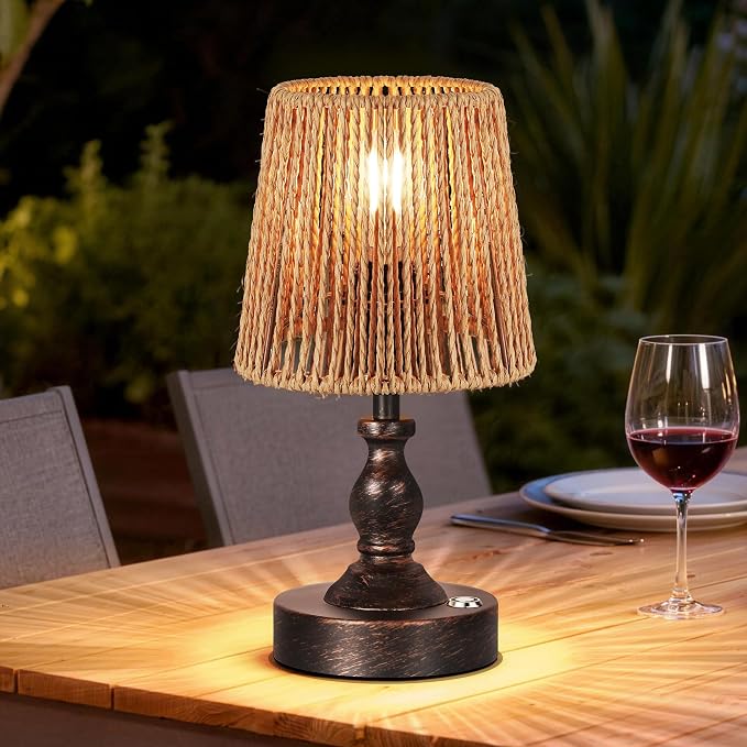 Mini Cordless LED Table Lamp, 5200mAh Rechargeable Battery Operated Lamp, 3-Level Brightness, Touch Dimmable Desk Lamp, Bedside Night Light with Rattan Shade, Oil Rubbed Bronze