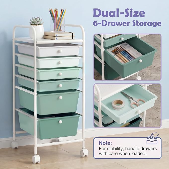 COSTWAY 6-Drawer Rolling Storage Cart, Art Craft Tools Organizer on Wheels | Multifunctional Heavy Duty Utility Mobile Storage Trolley w/ 2 Lockable Wheels for Home Office School (Green Gradient)