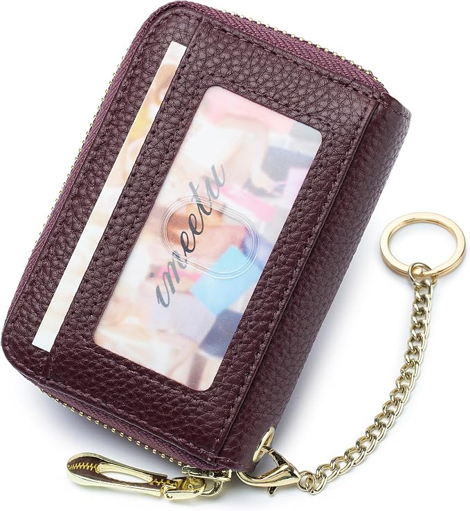 imeetu RFID Credit Card Holder, Small Card Wallet Women, Leather Card Case | Genuine Leather Women's Card & id Cases, Change Coin Purse with Zipper Keychain id Window, 20 Colors & 3 Styles, Daily, Gifts