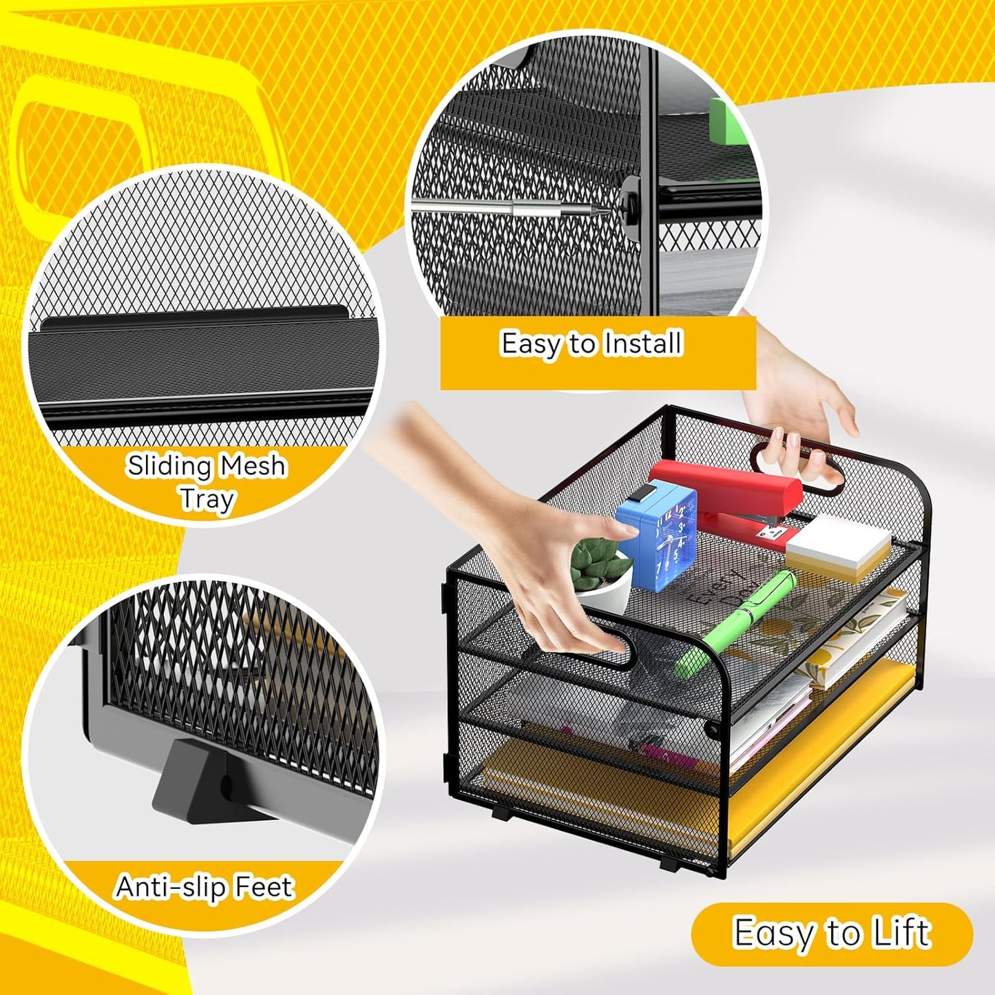 3-Tier Paper Letter Organizer Tray with Handle, Mesh Desk File Organizer for Office, Home, School - 2 Pack, Black