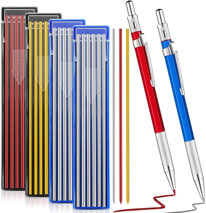 Gersoniel 2 Pcs Welders Pencil with 48 PCS Round Refills Mechanical Pencils Metal Welding Marker for Tube Pipe Fitter Welder Steel Construction Woodworking (Red, Silver, Yellow)