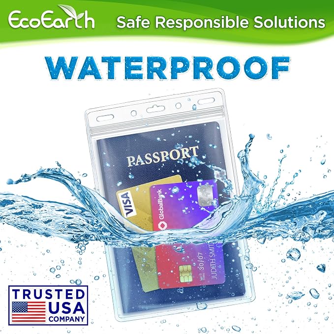 4x6 XXL Passport, ID, Name Card Holders - Vertical, Resealable, 250 PK | EcoEarth clear plastic waterproof passport holder with soft edge and zipper seal, 5 pre-punched holes for all lanyard clips