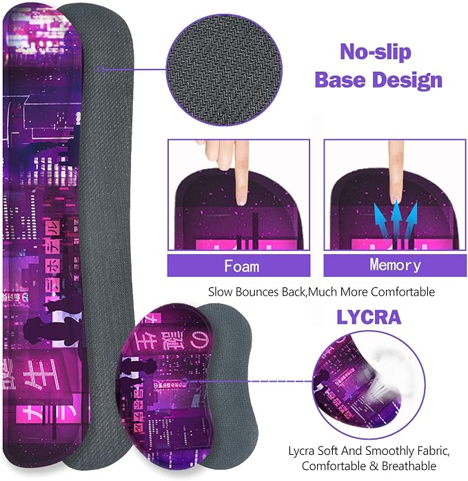 ToLuLu Extended Mouse Pad, Memory Foam Ergonomic Wrist Rest Support Set | Large Gaming Desk Mat with Stitched Edges fr Keyboard Mouse, Non-Slip Base Mousepad for Home Office, Neno City Anime Japanese
