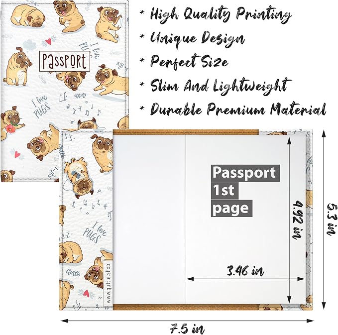 Passport Cover for Kids, Women and Men, Cute Travel Passport Holder (I Love Pugs)