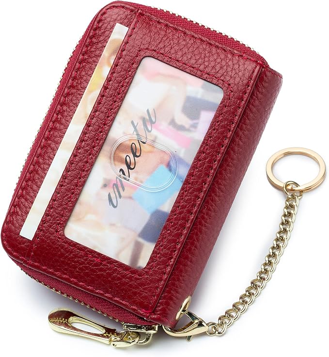imeetu RFID Credit Card Holder, Small Card Wallet Women, Leather Card Case | Genuine Leather Women's Card & id Cases, Change Coin Purse with Zipper Keychain id Window, 20 Colors & 3 Styles, Daily, Gifts