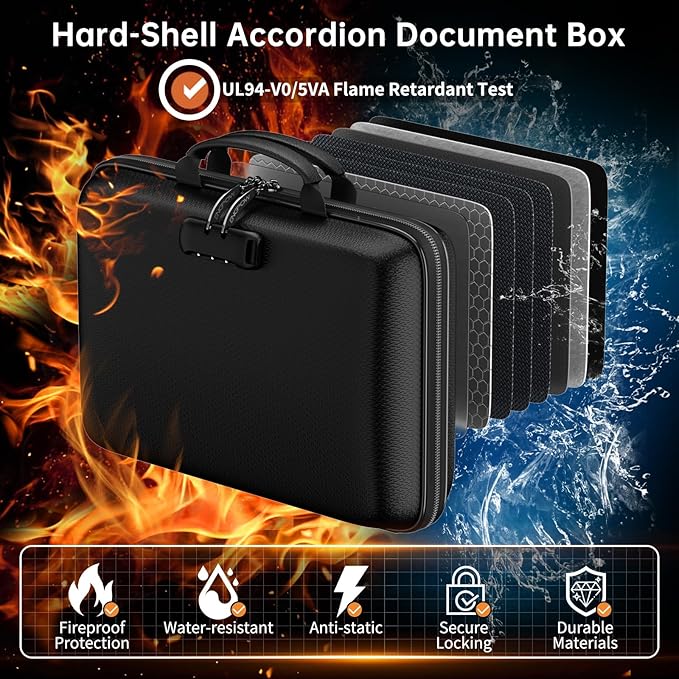 ENGPOW Fireproof Document Box with Lock & 25-Pocket Accordion File Folder | Fire&Water Resistant,Hard Case File Organizer with Handle,Portable Home Office Safe Storage for Important Documents,Laptop