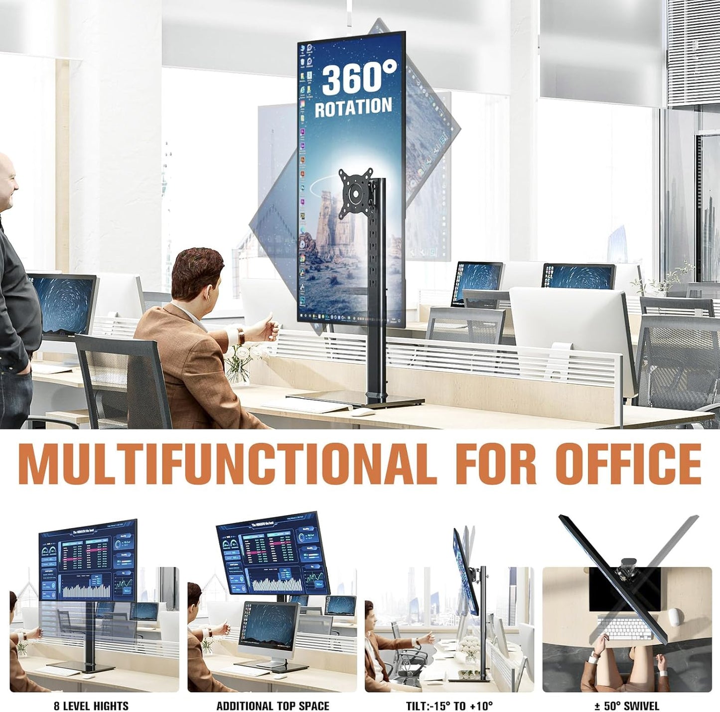 Single Monitor Stand Freestanding 27-43 Inch Monitor Arm Curved Screen Monitor Mount Tempered Glass Base Adjustable Motion Tilt -15° to 10° Swivel ±45° Rotation 360° Weight Capacity 77lbs HT05B-003