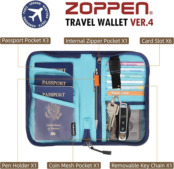 Passport Holder Family RFID Passport Wallet, Passport Holder Women/Men, Travel Wallet Documents Organizer Zipper Case with Removable Wristlet Strap, Travel Essentials for Flying