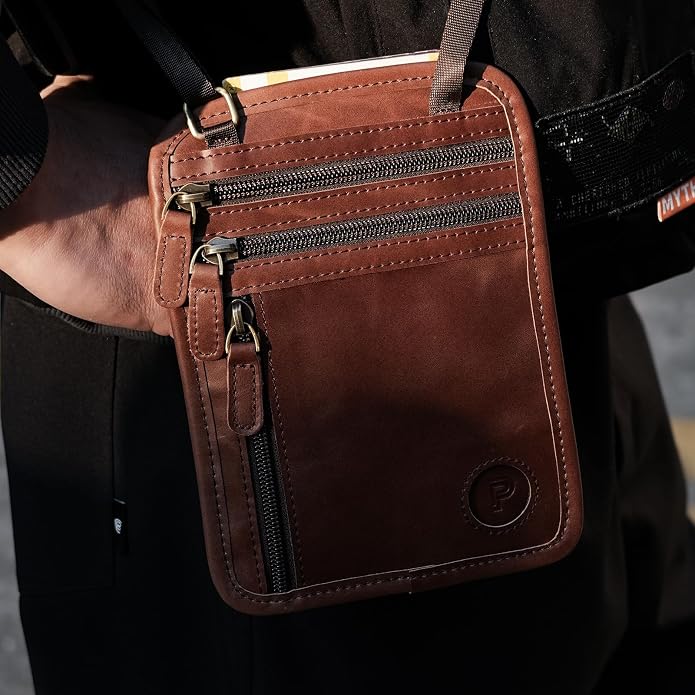 Polare Full Grain Leather Neck Wallet RFID Blocking Conceal Passport Holder Travel Pouch with AirTag Slot for Men